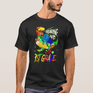 Dinosaur Riding A Pencil Roars Into First Day 1st T-Shirt