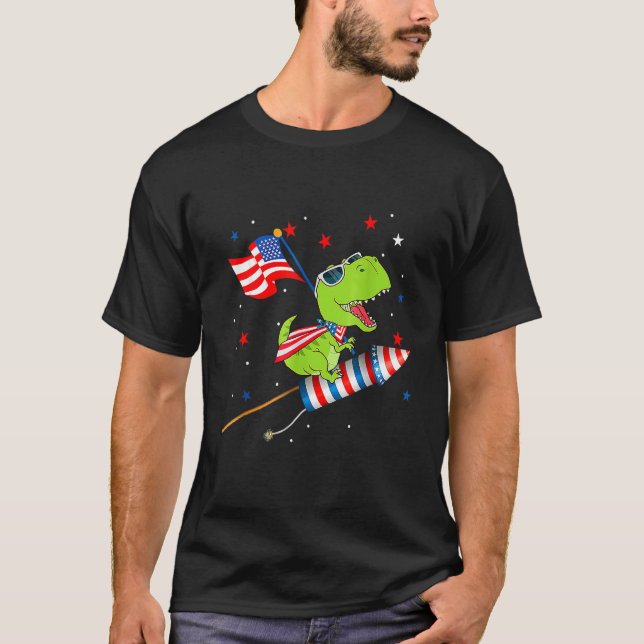 Dinosaur Riding Fireworks  4th Of July Kids Boys M T-Shirt (Front)