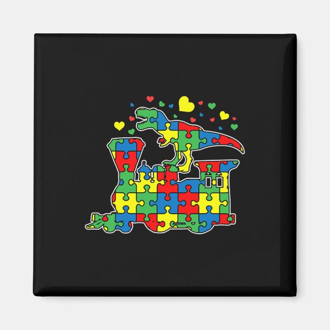 Dinosaur Riding Train Puzzle Piece Autism Awarenes Magnet (Front)