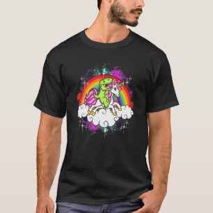 Dinosaur Riding Unicorn Rainbow Clouds Cute Colorf T-Shirt