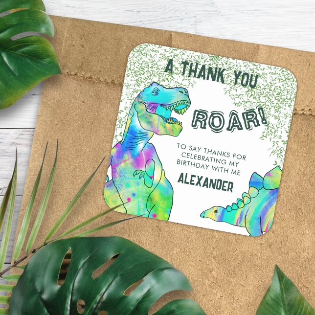 Dinosaur Roar Birthday Party Thank You Favour Square Sticker (T-Rex roar dinosaur party thank you custom favor sticker with colorful watercolor stegosaurus )