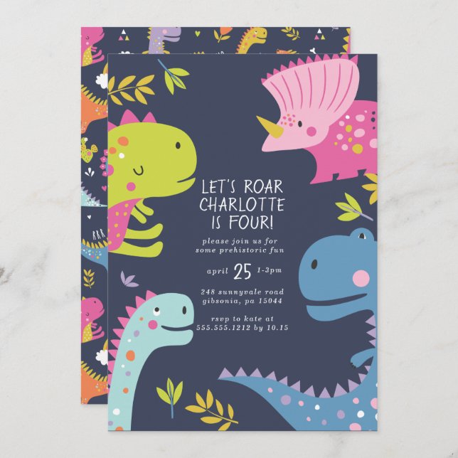 Dinosaur Roar Girls Birthday Pink Invitation (Front/Back)