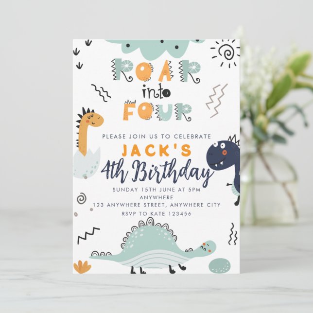  Dinosaur Roar into Four Birthday Party Invitation (Standing Front)