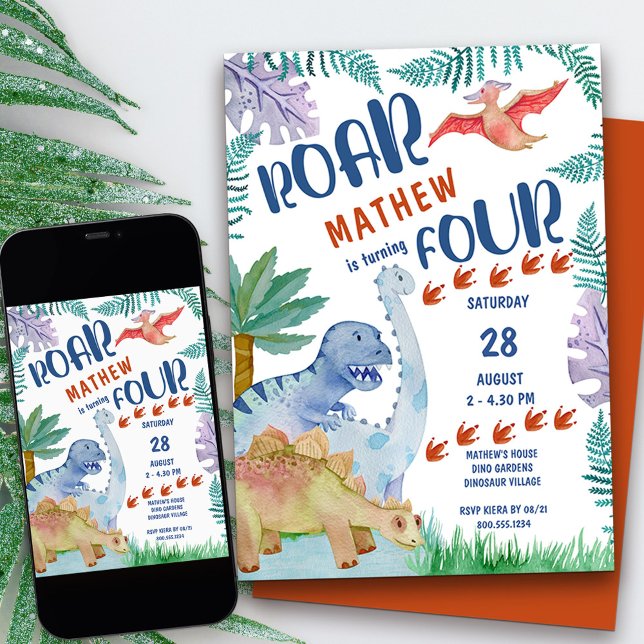 Dinosaur Roar .. is turning Four Boys 4th Birthday Invitation (dinosaur themed 4th birthday invitation with personalized roar  rhyme)