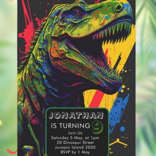 dinosaur Roaring Good Time Ahead Invitation (Unleash your creativity with our Colorful Street Art Dinosaur Invitation! )