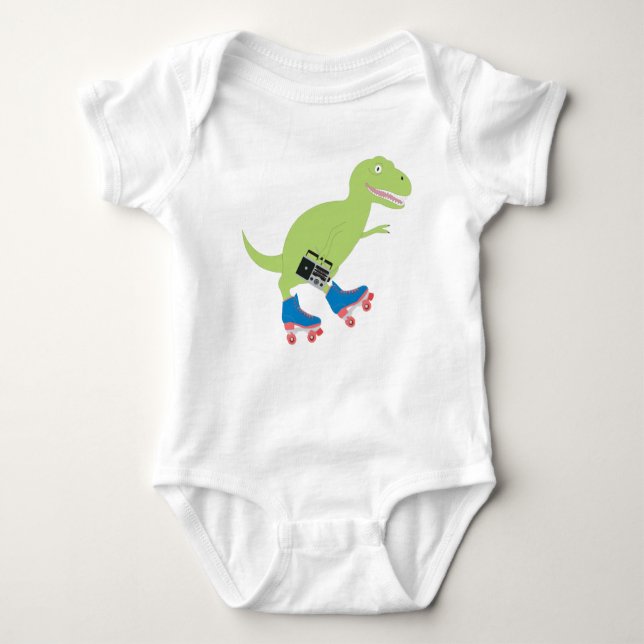 Dinosaur Roller Skating Holding Radio Baby Bodysuit (Front)