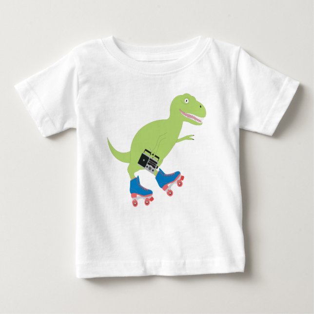 Dinosaur Roller Skating Holding Radio Baby T-Shirt (Front)