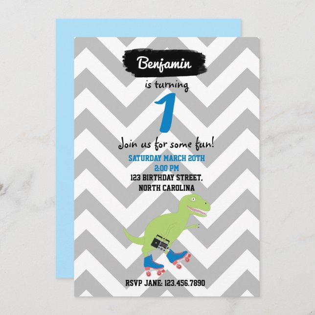 Dinosaur Roller Skating Holding Radio Birthday Invitation (Front/Back)