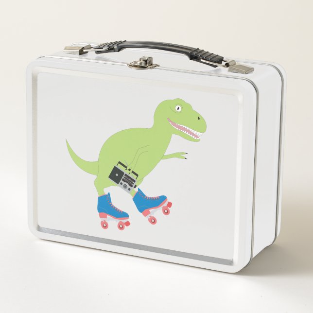 Dinosaur Roller Skating Holding Radio Metal Lunch Box (Front)