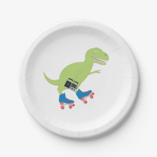 Dinosaur Roller Skating Holding Radio Paper Plate