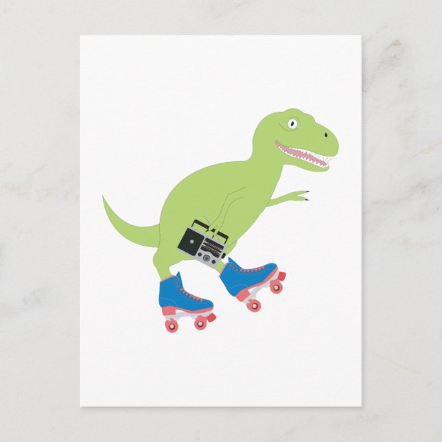 Dinosaur Roller Skating Holding Radio Postcard (Front)