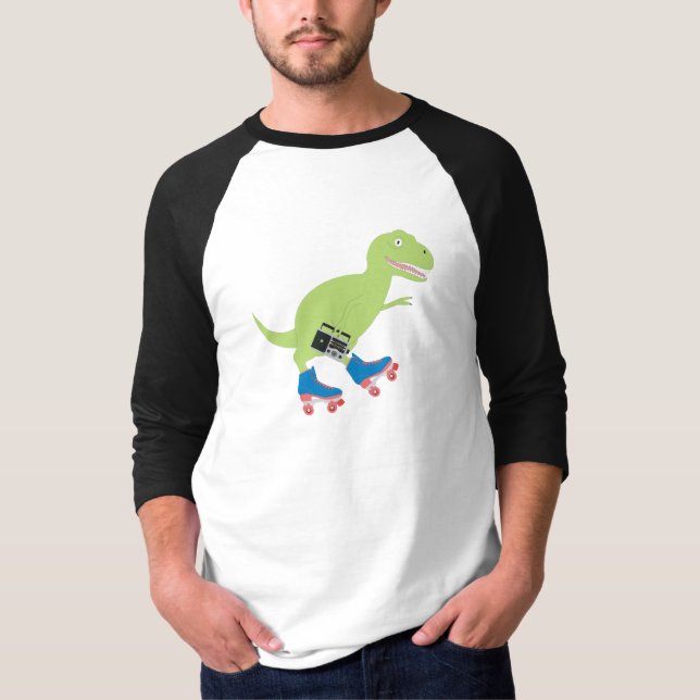 Dinosaur Roller Skating Holding Radio T-Shirt (Front)