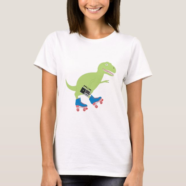 Dinosaur Roller Skating Holding Radio T-Shirt (Front)