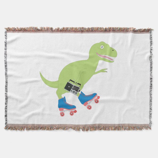 Dinosaur Roller Skating Holding Radio Throw Blanket (Front)