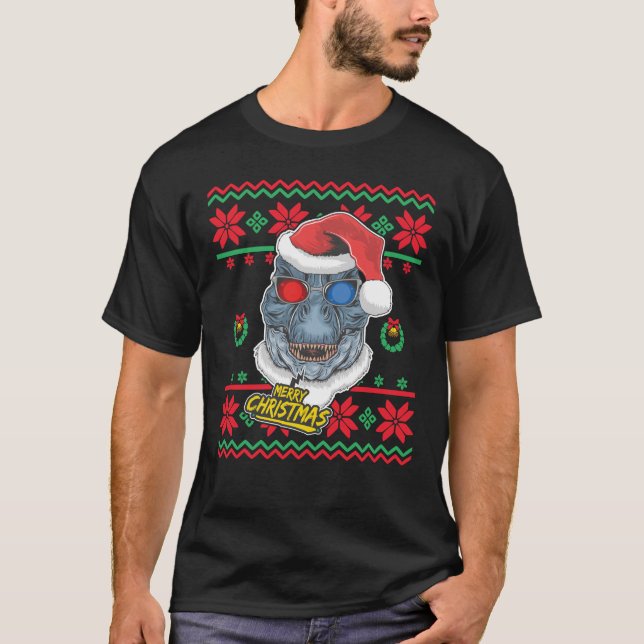 Dinosaur Santa T-Rex Ugly Christmas T-Shirt (Front)