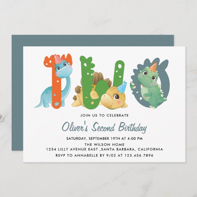 Dinosaur Second Birthday Party  Invitation (Front/Back)