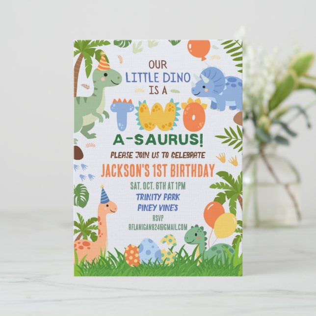 Dinosaur Second Two Birthday Party Invitation (Standing Front)