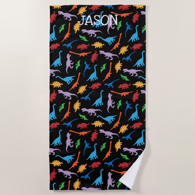 Dinosaur seven species silhouette pattern beach towel (Front)