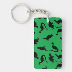 Dinosaur Silhouettes on Green Background Pattern Key Ring