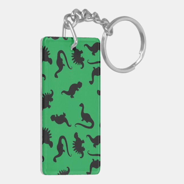 Dinosaur Silhouettes on Green Background Pattern Key Ring (Back Left)