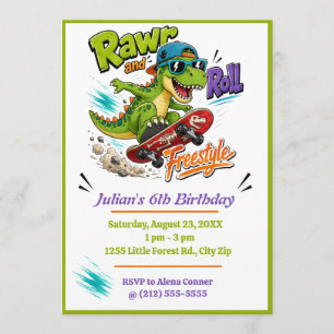 Dinosaur Skateboard Freestyle Birthday Invitation