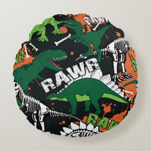Dinosaur skeleton, grunge seamless pattern. round cushion