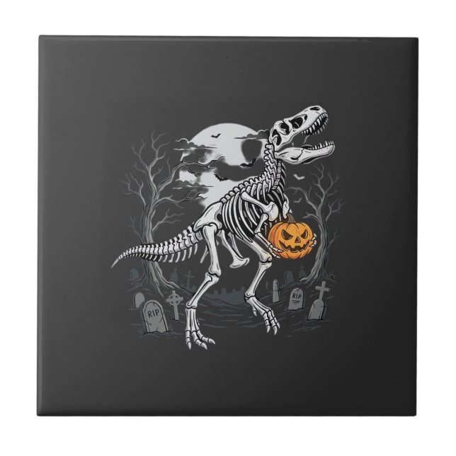 Dinosaur Skeleton Halloween Pumpkin Graveyard Desi Ceramic Tile (Front)