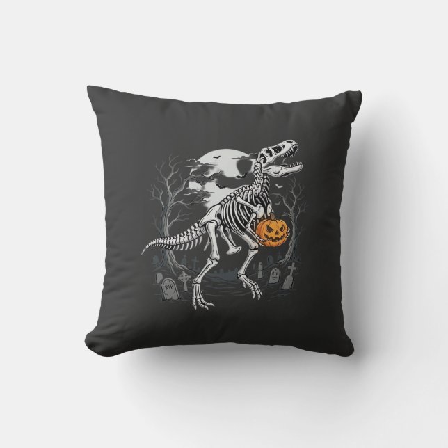 Dinosaur Skeleton Halloween Pumpkin Graveyard Desi Cushion (Front)