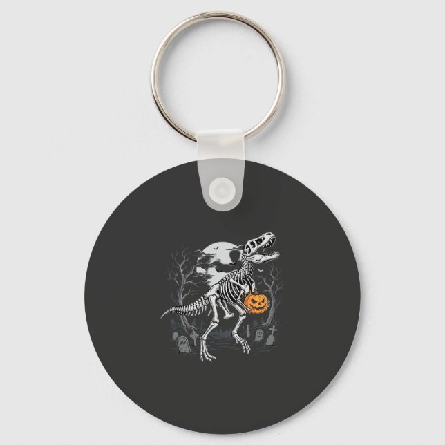 Dinosaur Skeleton Halloween Pumpkin Graveyard Desi Key Ring (Front)