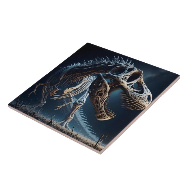 Dinosaur Skeleton Roaming an Ancient Landscape Ceramic Tile (Side)