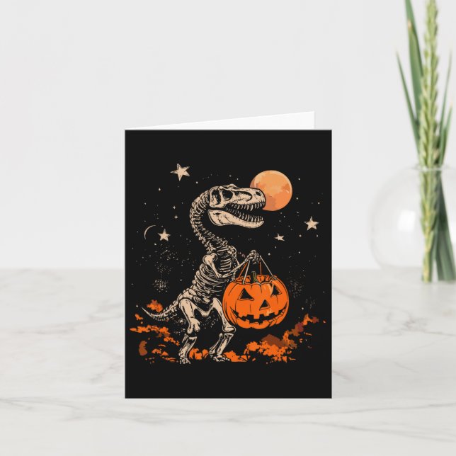 Dinosaur Skeleton Scary Pumpkin Moon Halloween Boy Card (Front)