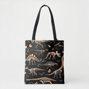 Dinosaur skeletons, fossils, vintage pattern. tote bag