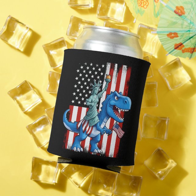 Dinosaur Statue Liberty 4th Of July American Flag Can Cooler (In Situ Summer)