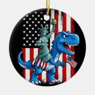 Dinosaur Statue Liberty 4th Of July American Flag Ceramic Ornament