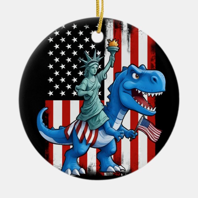 Dinosaur Statue Liberty 4th Of July American Flag Ceramic Ornament (Front)