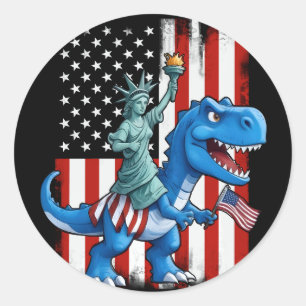 Dinosaur Statue Liberty 4th Of July American Flag Classic Round Sticker