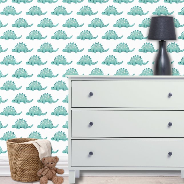 Dinosaur stegosaurus kids wallpaper (Dinosaur wallpaper with stegosaurus design on white for boys bedroom, playroom or nursery.)