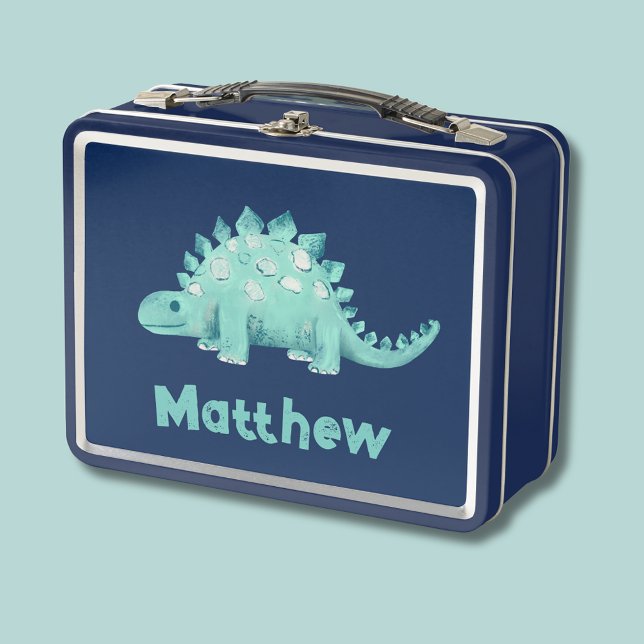 Dinosaur Stegosaurus Named Kids Metal Lunch Box (Stegosaurus dinosaur lunchbox with personalized name)
