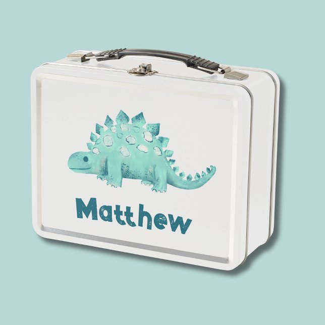 Dinosaur Stegosaurus Named Kids Metal Lunch Box (Stegosaurus dinosaur lunchbox with personalized name)