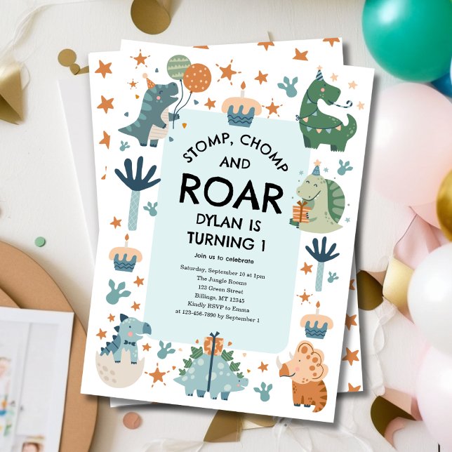 Dinosaur Stomp Chomp and Roar First Birthday  Invitation (Creator Uploaded)