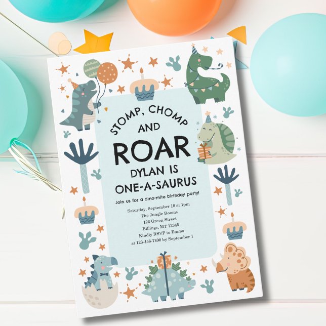 Dinosaur Stomp Chomp and Roar First Birthday  Invitation (Creator Uploaded)