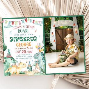 Dinosaur Stomp Chomp And Roar T-Rex Birthday Photo Invitation