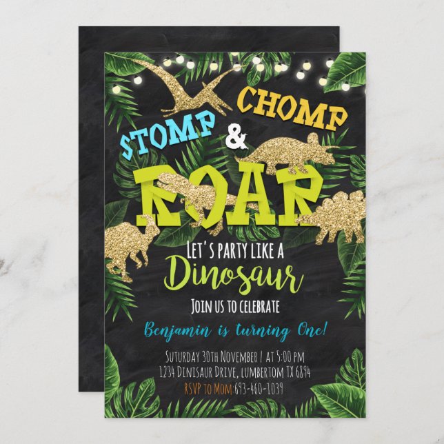 Dinosaur Stomp & Chomp Birthday Invitation (Front/Back)