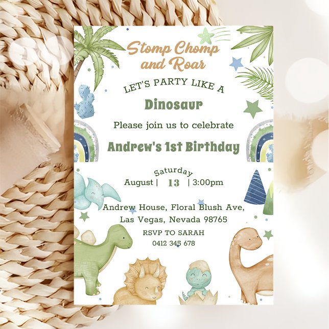 Dinosaur Stomp Chomp Rawr 1st Birthday Party Boy Invitation (Creator Uploaded)