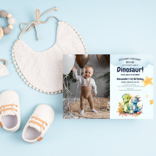Dinosaur Stomp Chomp Rawr 1st Birthday Party Boy Invitation (Creator Uploaded)