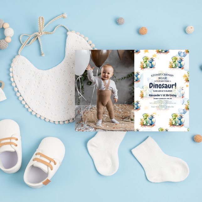 Dinosaur Stomp Chomp Rawr 1st Birthday Party Boy Invitation (Creator Uploaded)