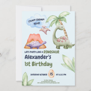 Dinosaur Stomp Chomp Rawr 1st Birthday Party Boy Invitation
