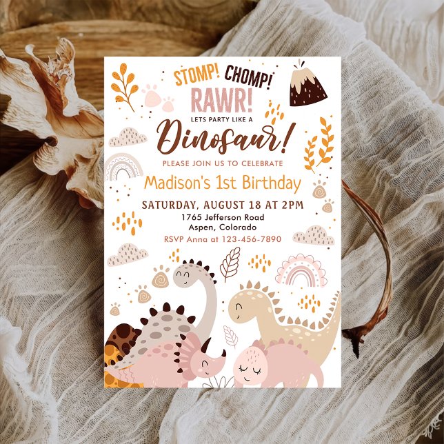 Dinosaur Stomp Chomp Rawr 1st Birthday Party Invitation (Creator Uploaded)