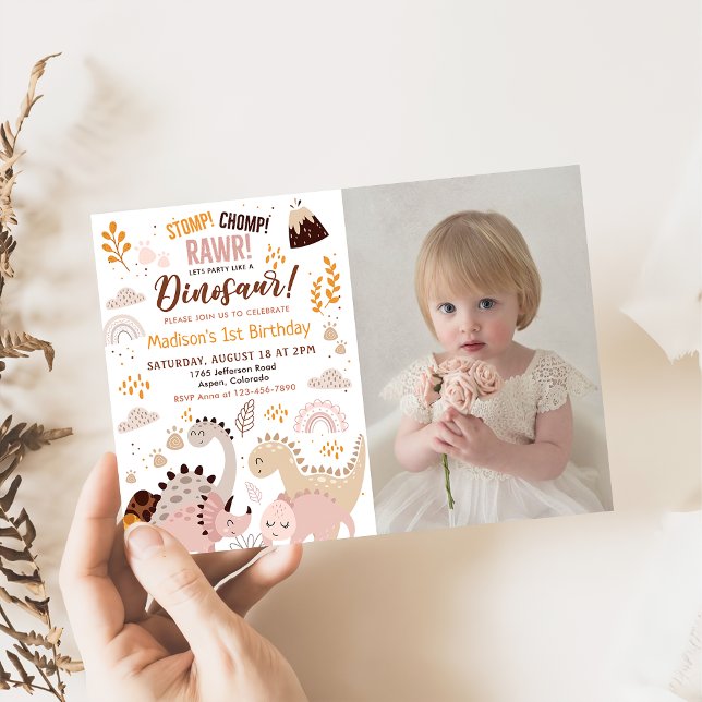 Dinosaur Stomp Chomp Rawr 1st Birthday Photo Invitation (Creator Uploaded)