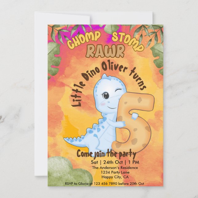Dinosaur Stomp Chomp Rawr 5th birthday party Invitation (Front)